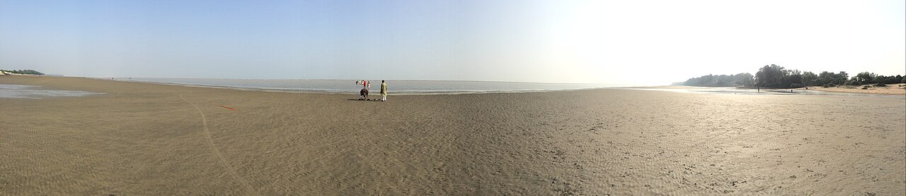 A wide sweep of exposed sand at Chandipur with a few distant visitors.