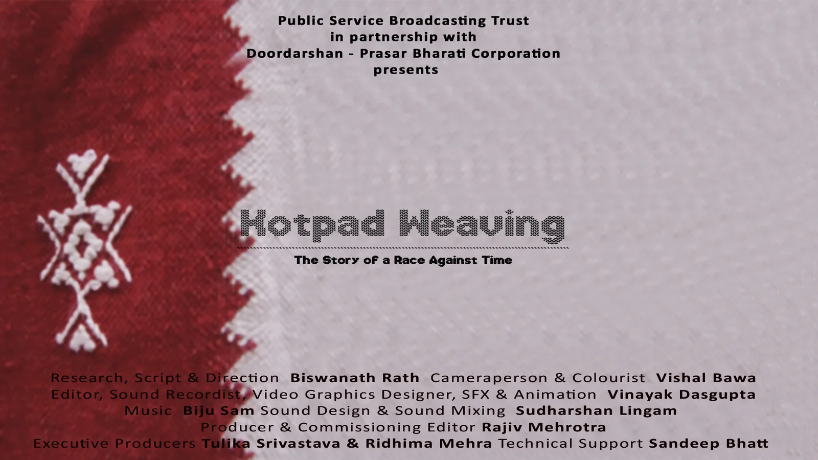 Release poster for Kotpad Weaving, with a red and cream textile detail and filmmaker credits